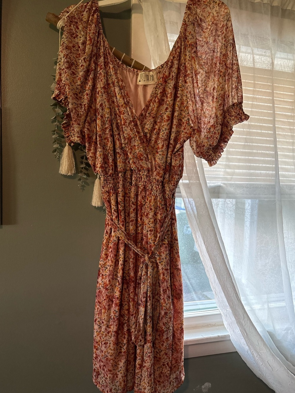 Boho Pink Floral Midi Wrap Dress with Smocked Waist